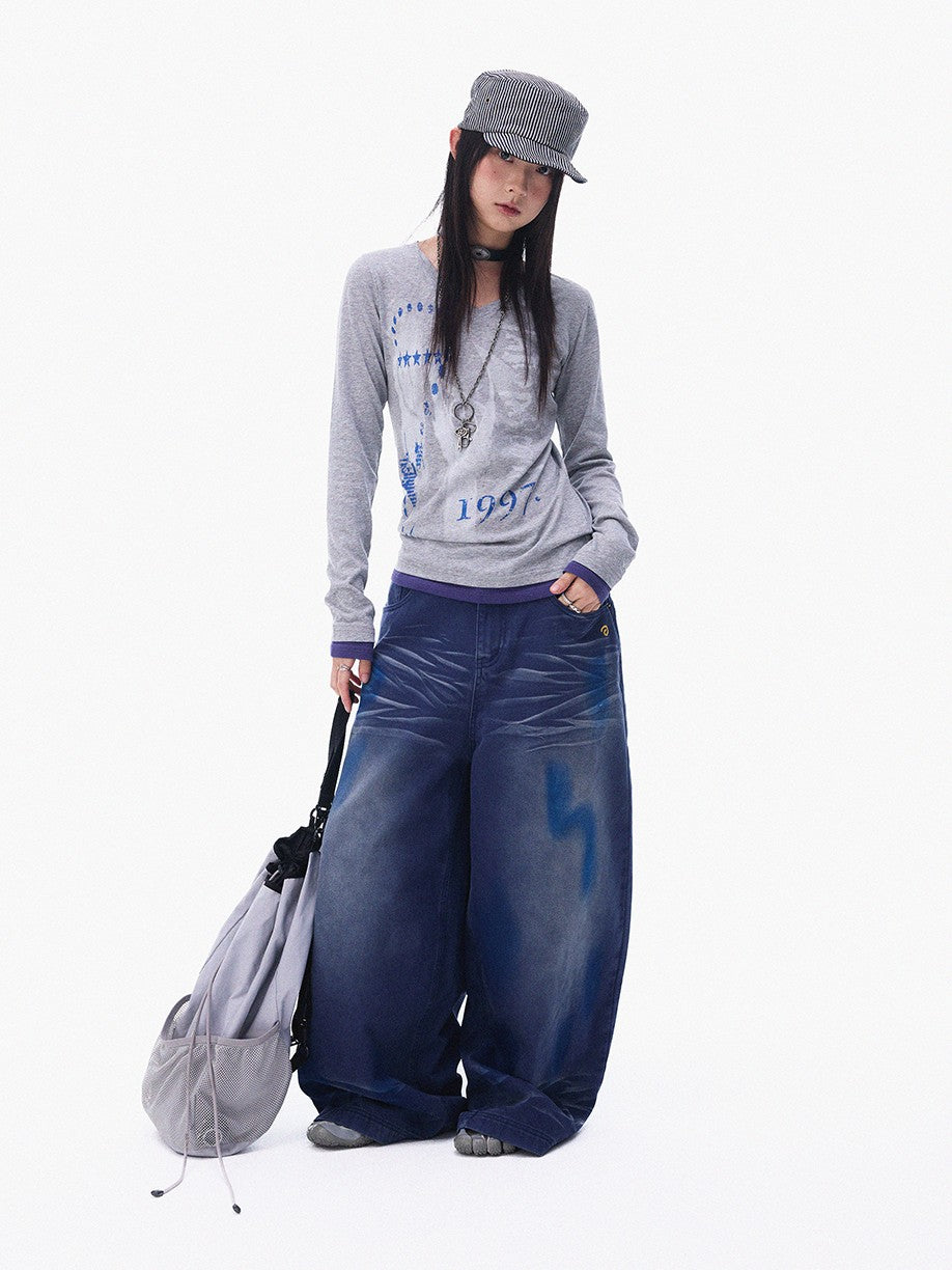 innomoood Heather Grey Distressed Print V-neck Spliced Women&