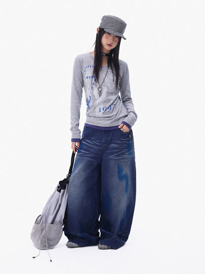 innomoood Heather Grey Distressed Print V-neck Spliced Women&