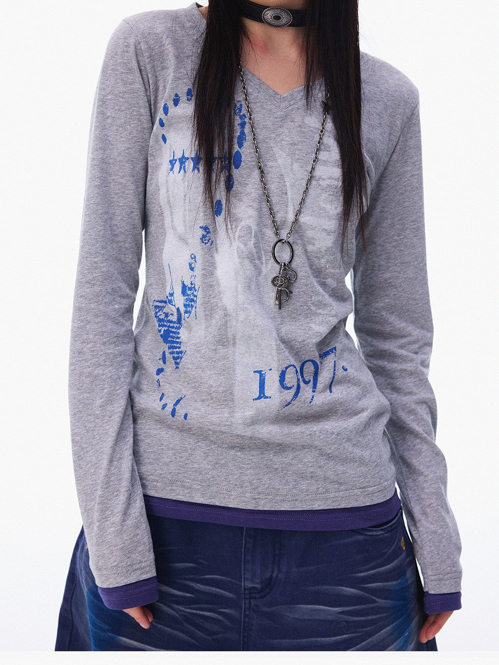 innomoood Heather Grey Distressed Print V-neck Spliced Women&