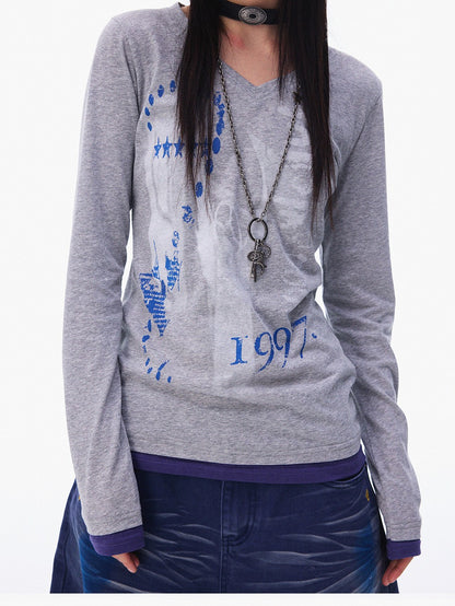 innomoood Heather Grey Distressed Print V-neck Spliced Women&