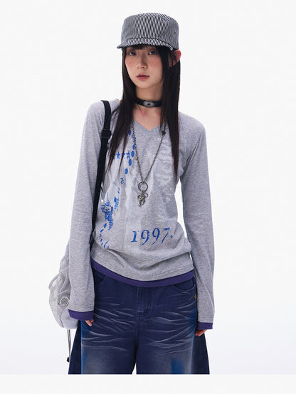 innomoood Heather Grey Distressed Print V-neck Spliced Women&