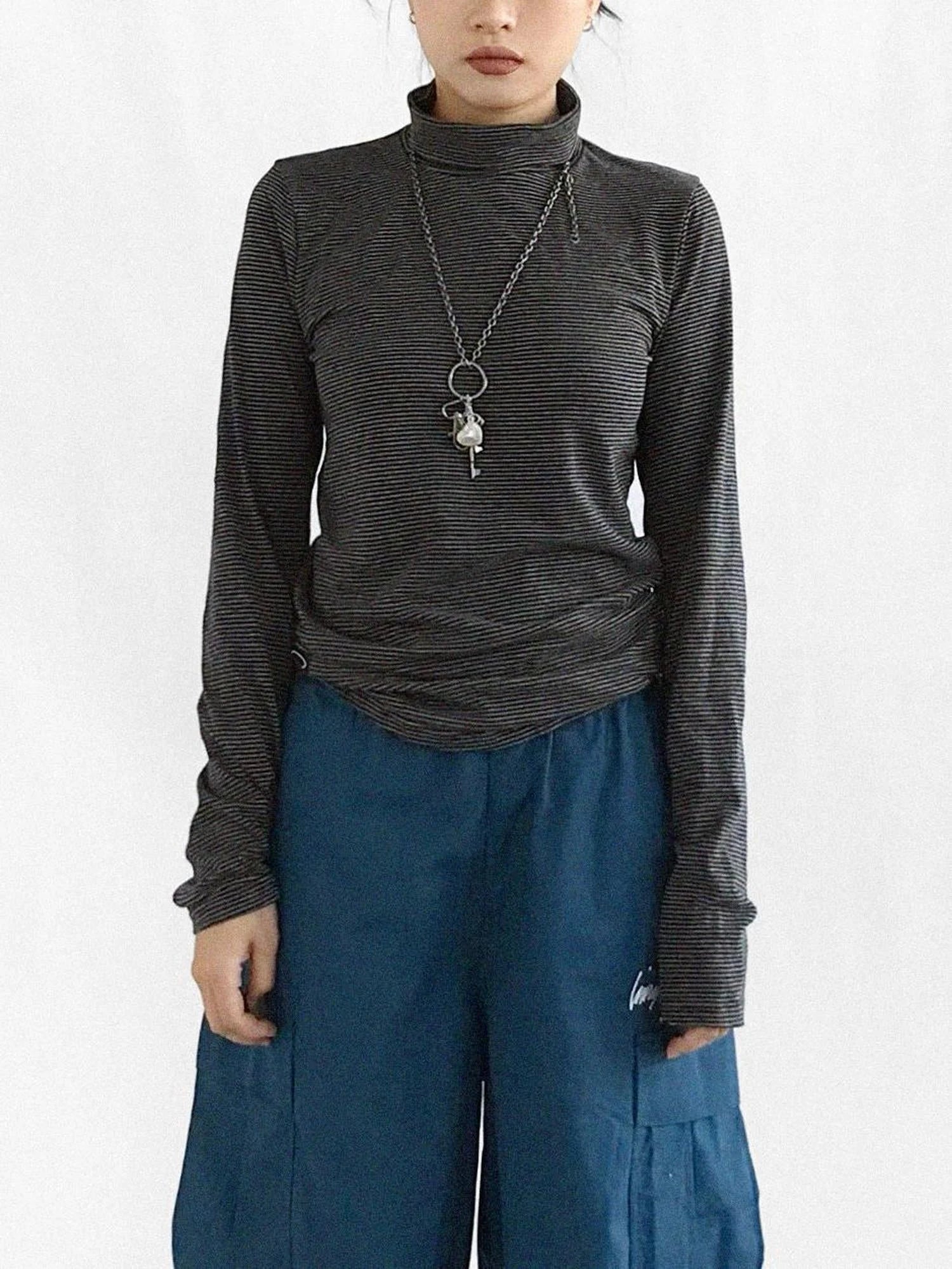 High Neck Striped Ribbed Long Sleeve Top