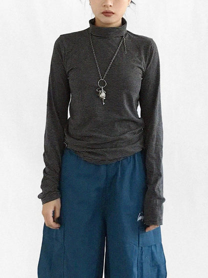 High Neck Striped Ribbed Long Sleeve Top