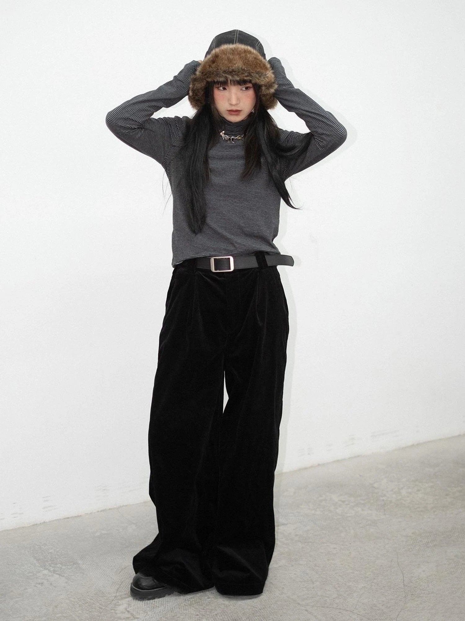 High Neck Striped Ribbed Long Sleeve Top