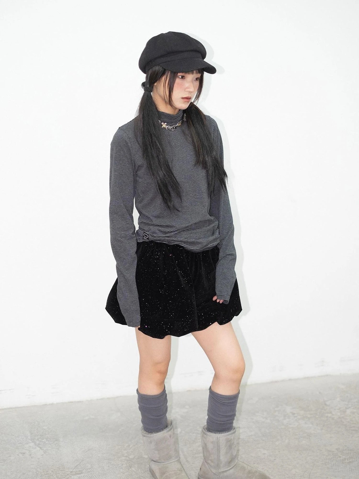 High Neck Striped Ribbed Long Sleeve Top