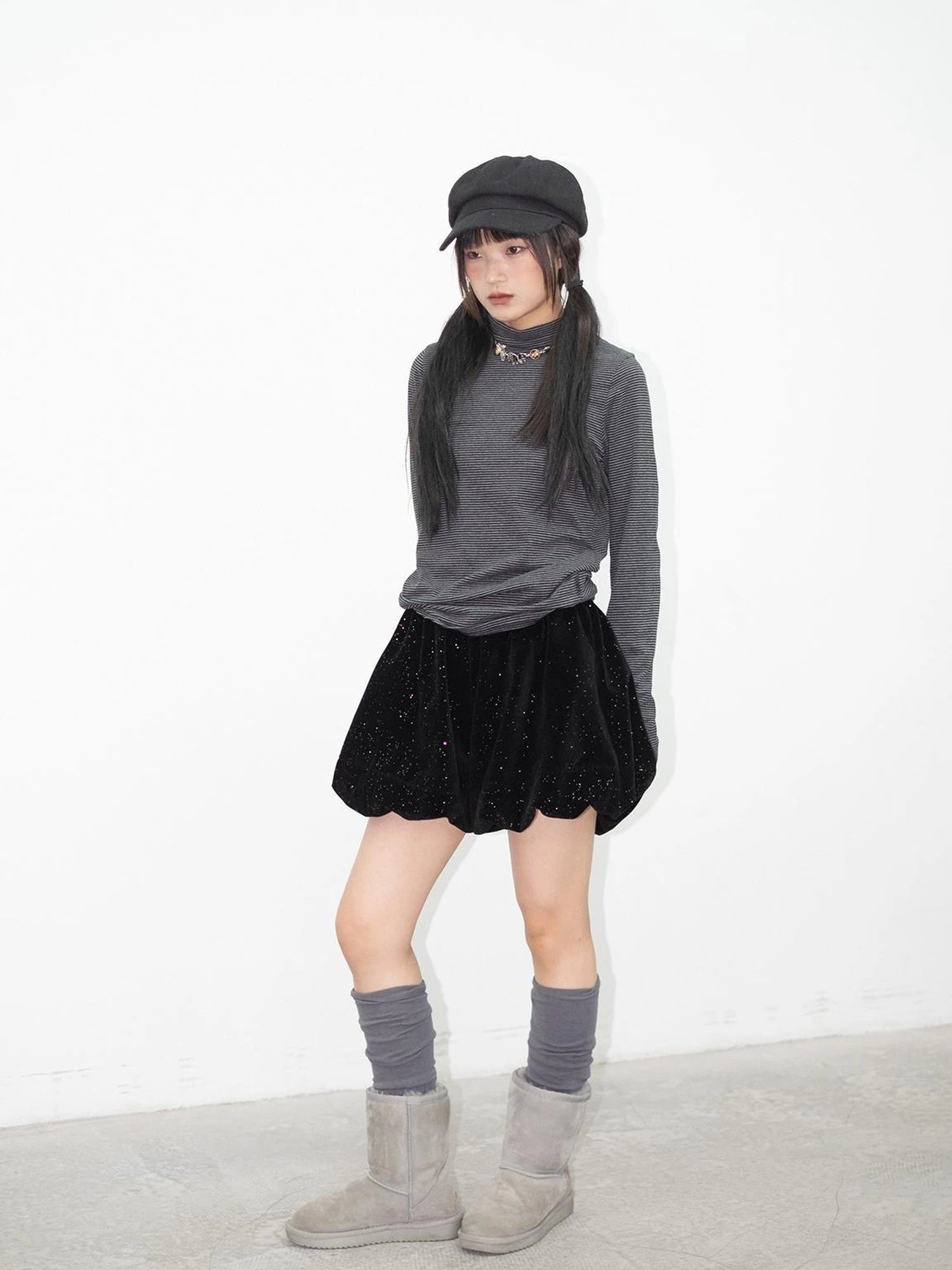 High Neck Striped Ribbed Long Sleeve Top