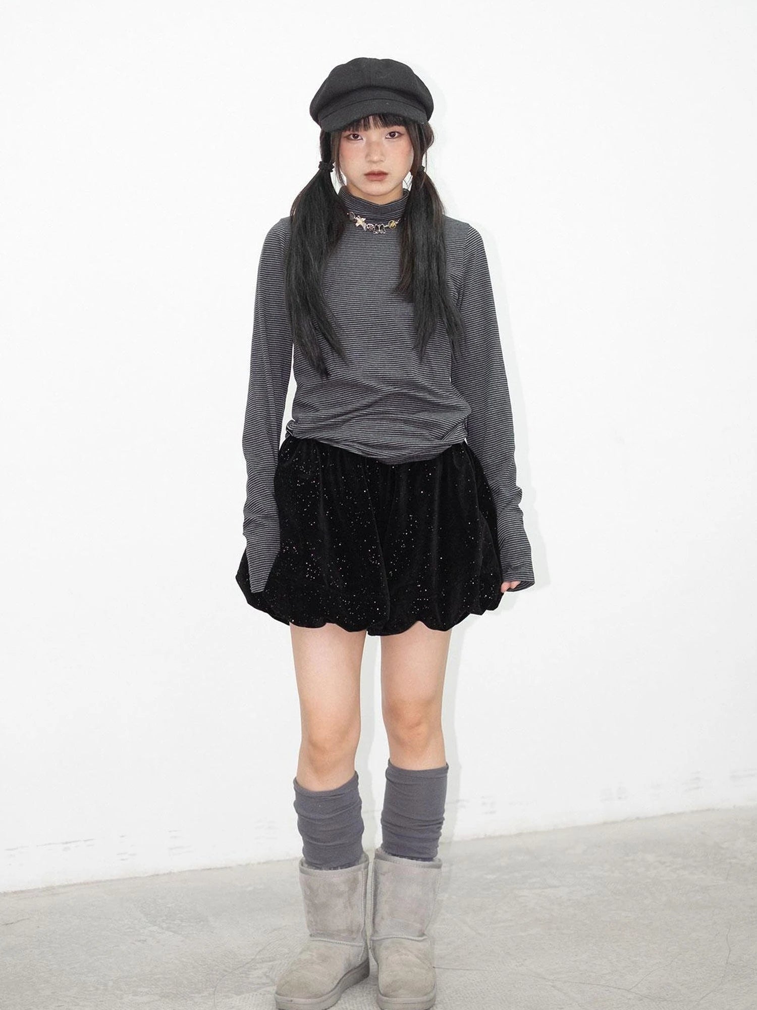 High Neck Striped Ribbed Long Sleeve Top