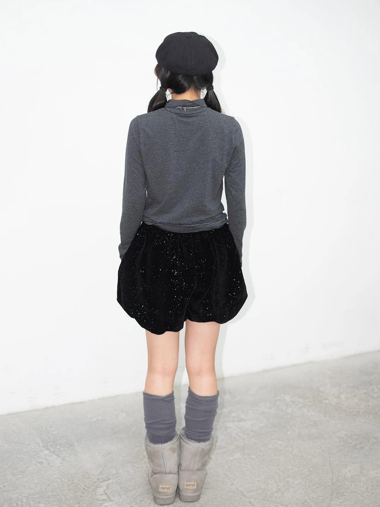 High Neck Striped Ribbed Long Sleeve Top