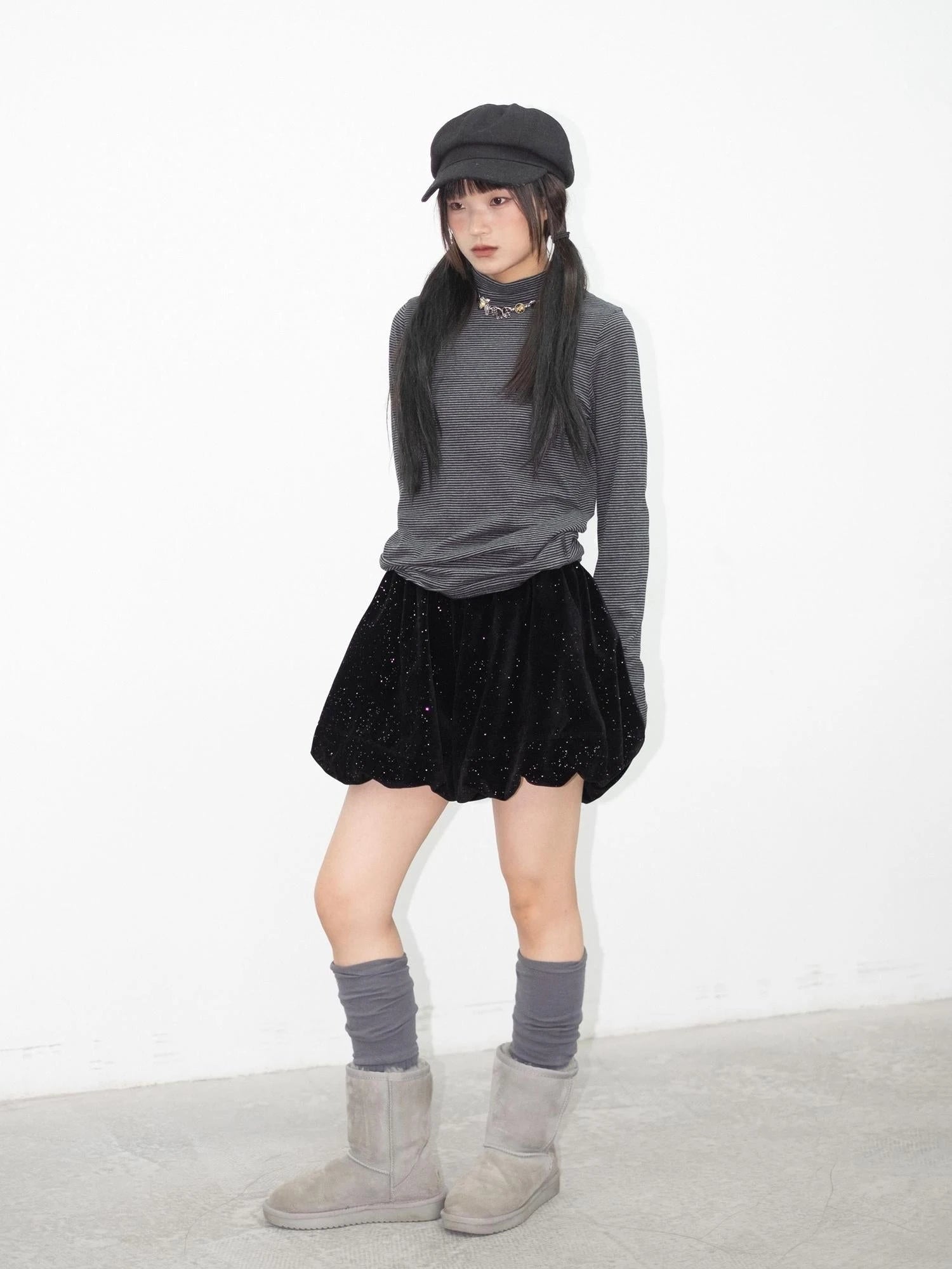 High Neck Striped Ribbed Long Sleeve Top