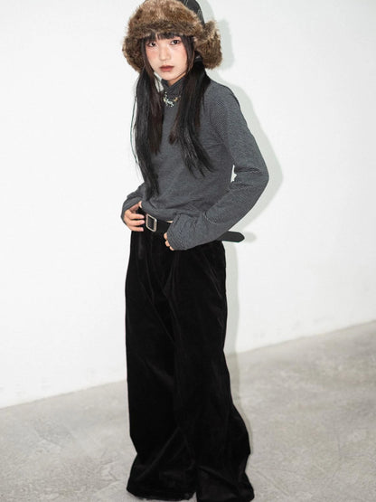 High Neck Striped Ribbed Long Sleeve Top