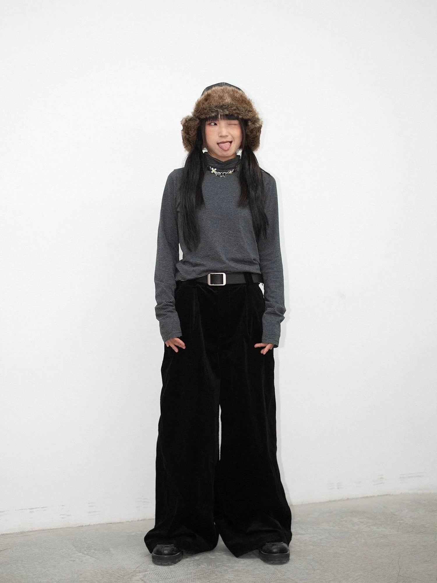 High Neck Striped Ribbed Long Sleeve Top