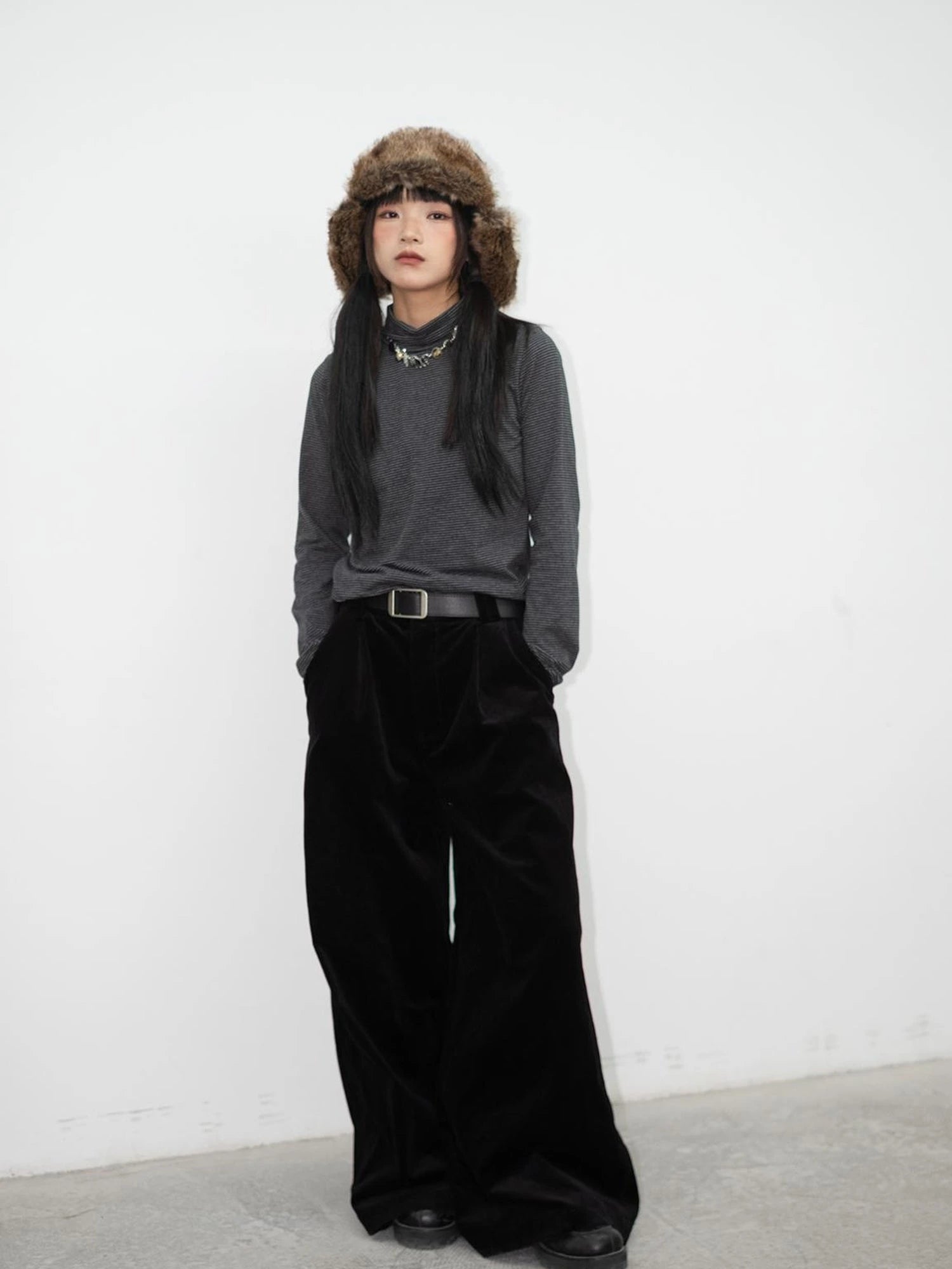 High Neck Striped Ribbed Long Sleeve Top