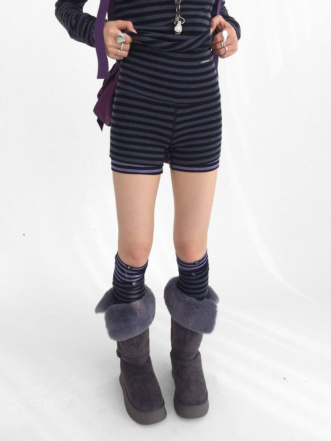 innomoood High Stretch Striped High Waist Slim Fit Sporty Knit Women Casual Short