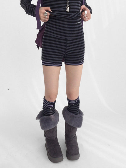 innomoood High Stretch Striped High Waist Slim Fit Sporty Knit Women Casual Short