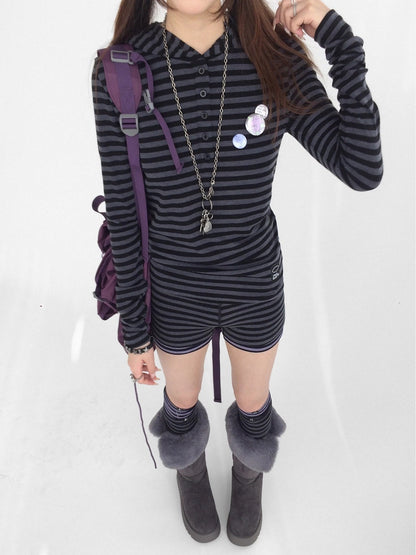 innomoood High Stretch Striped High Waist Slim Fit Sporty Knit Women Casual Short