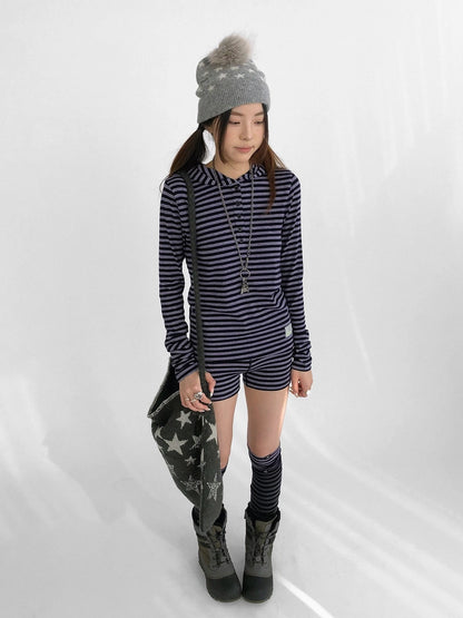 innomoood High Stretch Striped High Waist Slim Fit Sporty Knit Women Casual Short