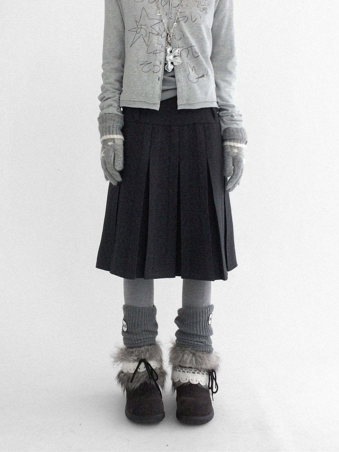 innomoood High Waist Pleated A Line Workwear Women Dark Gray Casual Midi Skirt