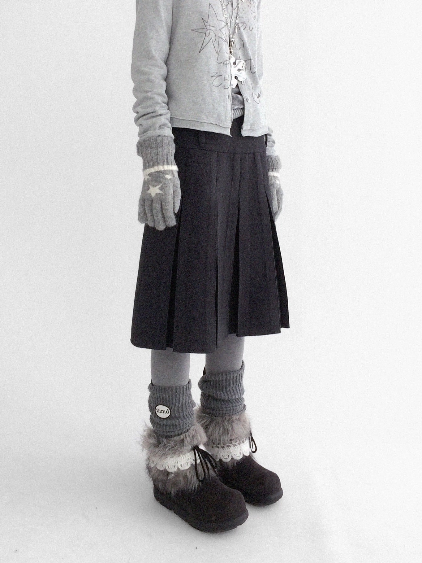 innomoood High Waist Pleated A Line Workwear Women Dark Gray Casual Midi Skirt