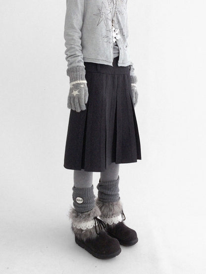 innomoood High Waist Pleated A Line Workwear Women Dark Gray Casual Midi Skirt