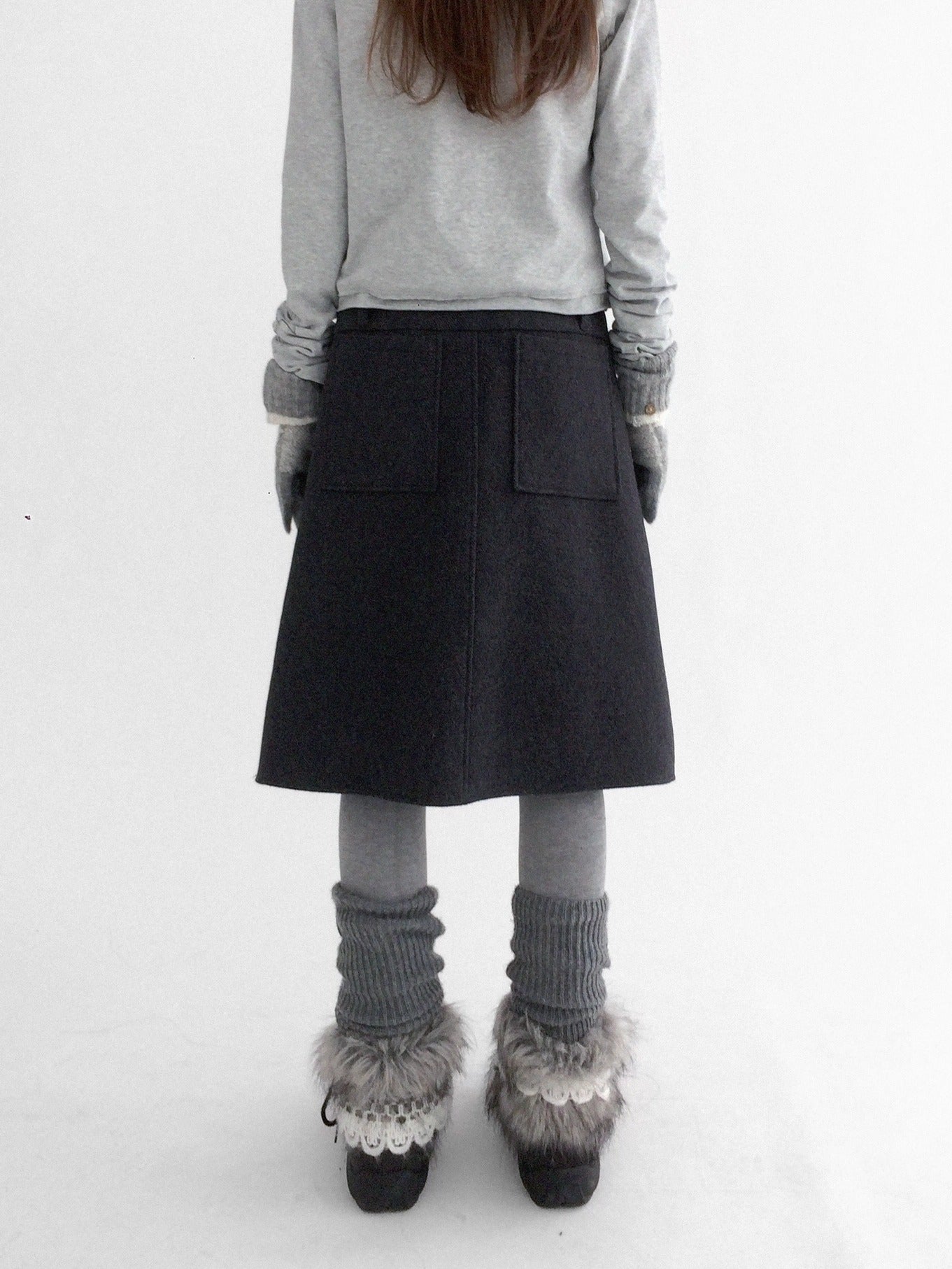 innomoood High Waist Pleated A Line Workwear Women Dark Gray Casual Midi Skirt