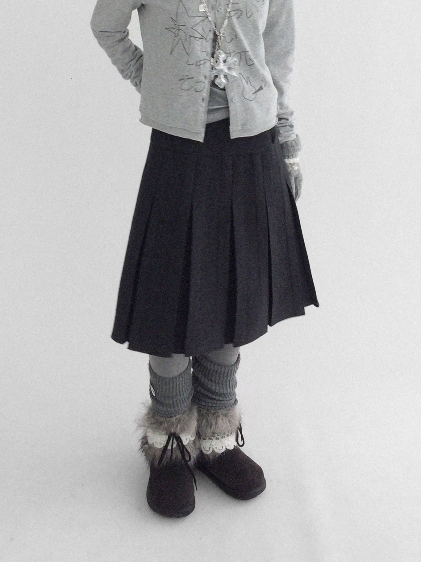 innomoood High Waist Pleated A Line Workwear Women Dark Gray Casual Midi Skirt