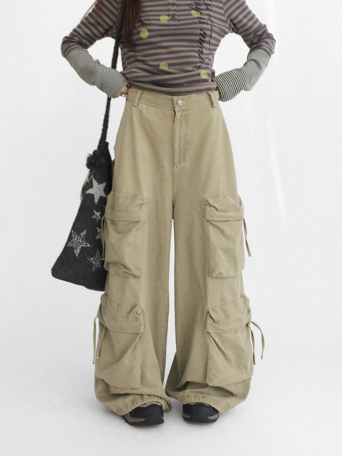 innomoood High Waist Vintage Washed Wide Leg Loose Cotton Pockets Zipper Women Pants