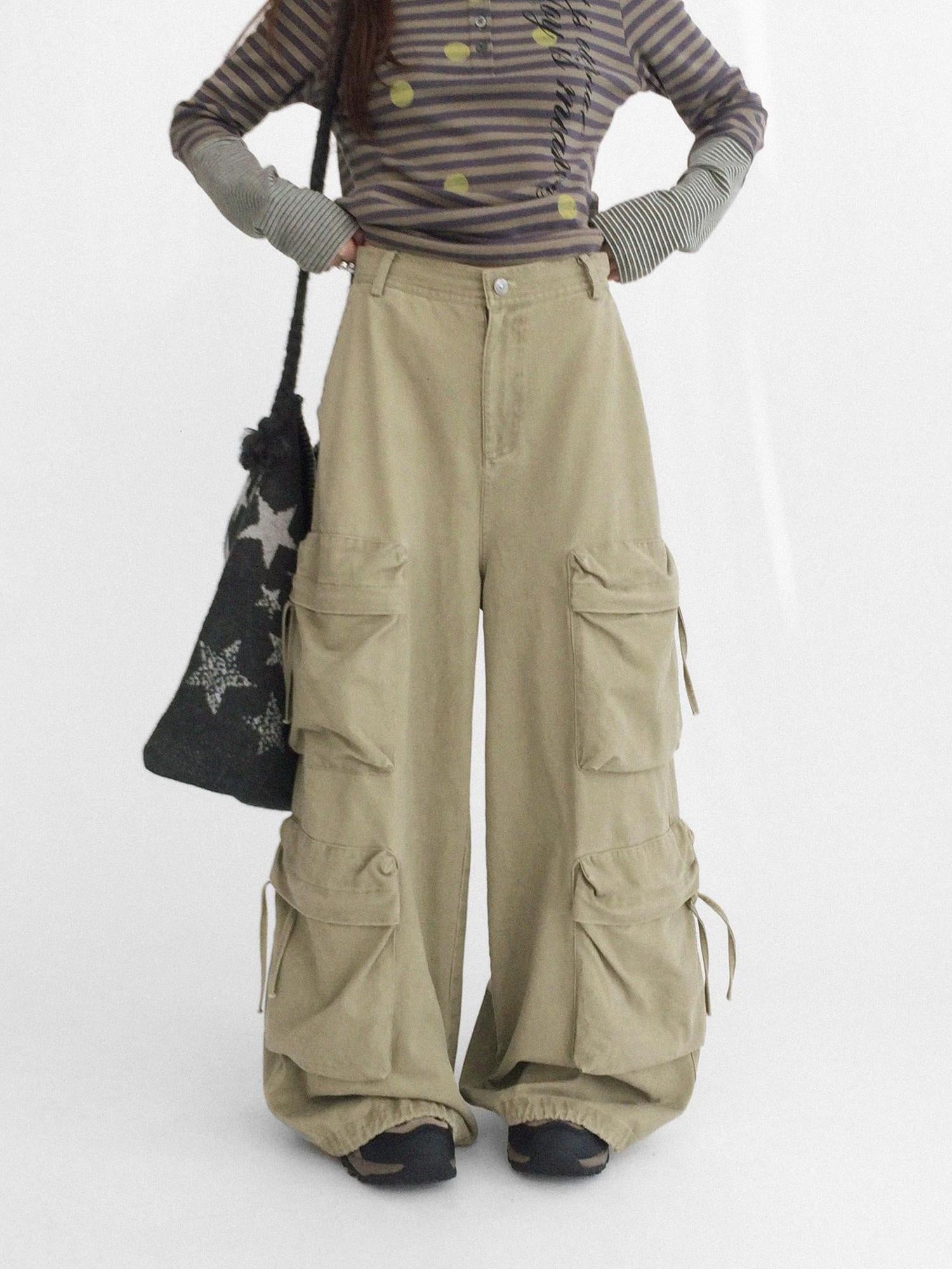 innomoood High Waist Vintage Washed Wide Leg Loose Cotton Pockets Zipper Women Pants