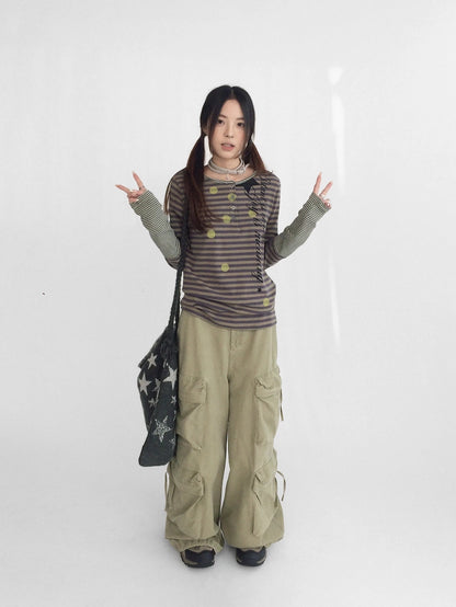 innomoood High Waist Vintage Washed Wide Leg Loose Cotton Pockets Zipper Women Pants