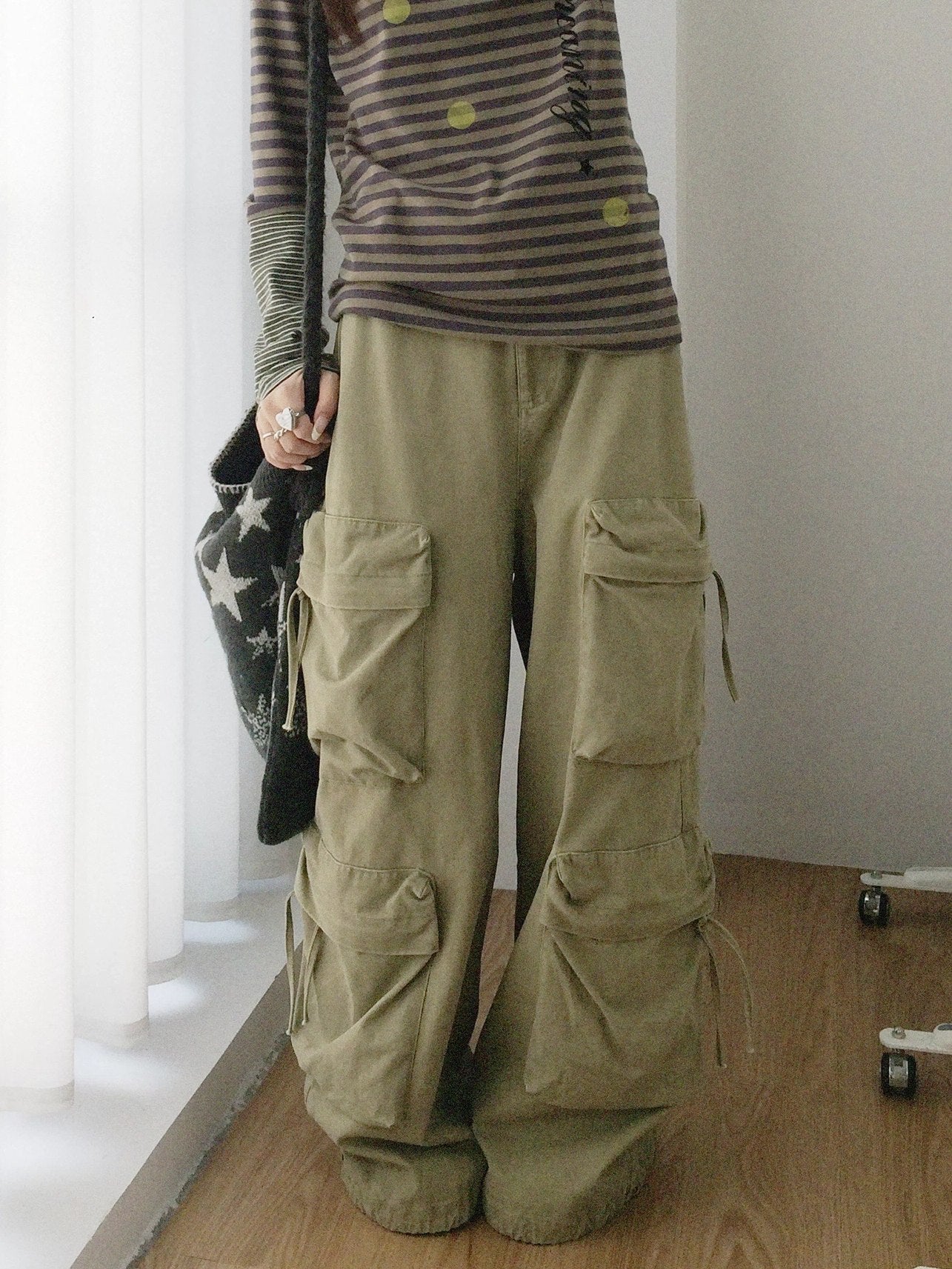 innomoood High Waist Vintage Washed Wide Leg Loose Cotton Pockets Zipper Women Pants