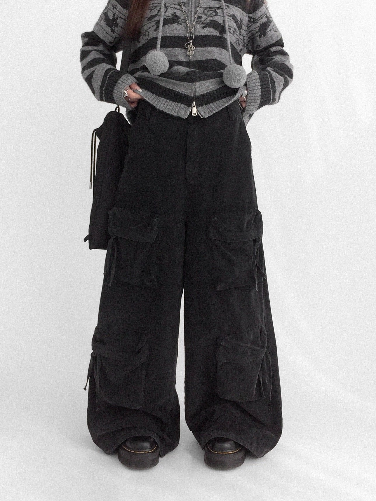 innomoood High Waist Vintage Washed Wide Leg Loose Cotton Pockets Zipper Women Pants