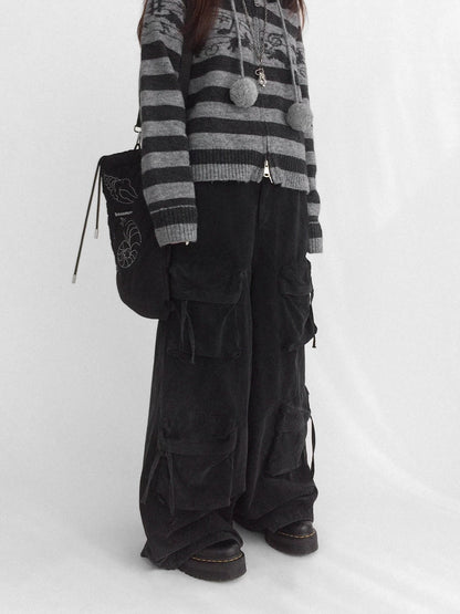 innomoood High Waist Vintage Washed Wide Leg Loose Cotton Pockets Zipper Women Pants