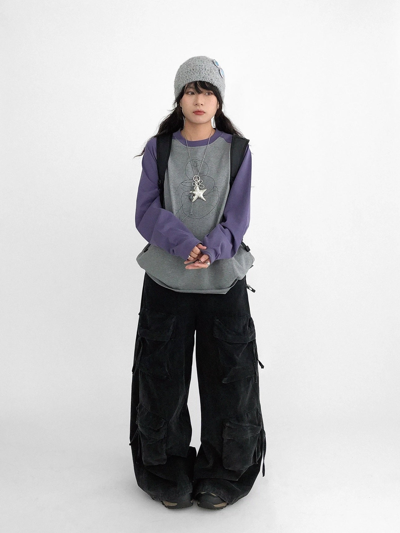 innomoood High Waist Vintage Washed Wide Leg Loose Cotton Pockets Zipper Women Pants