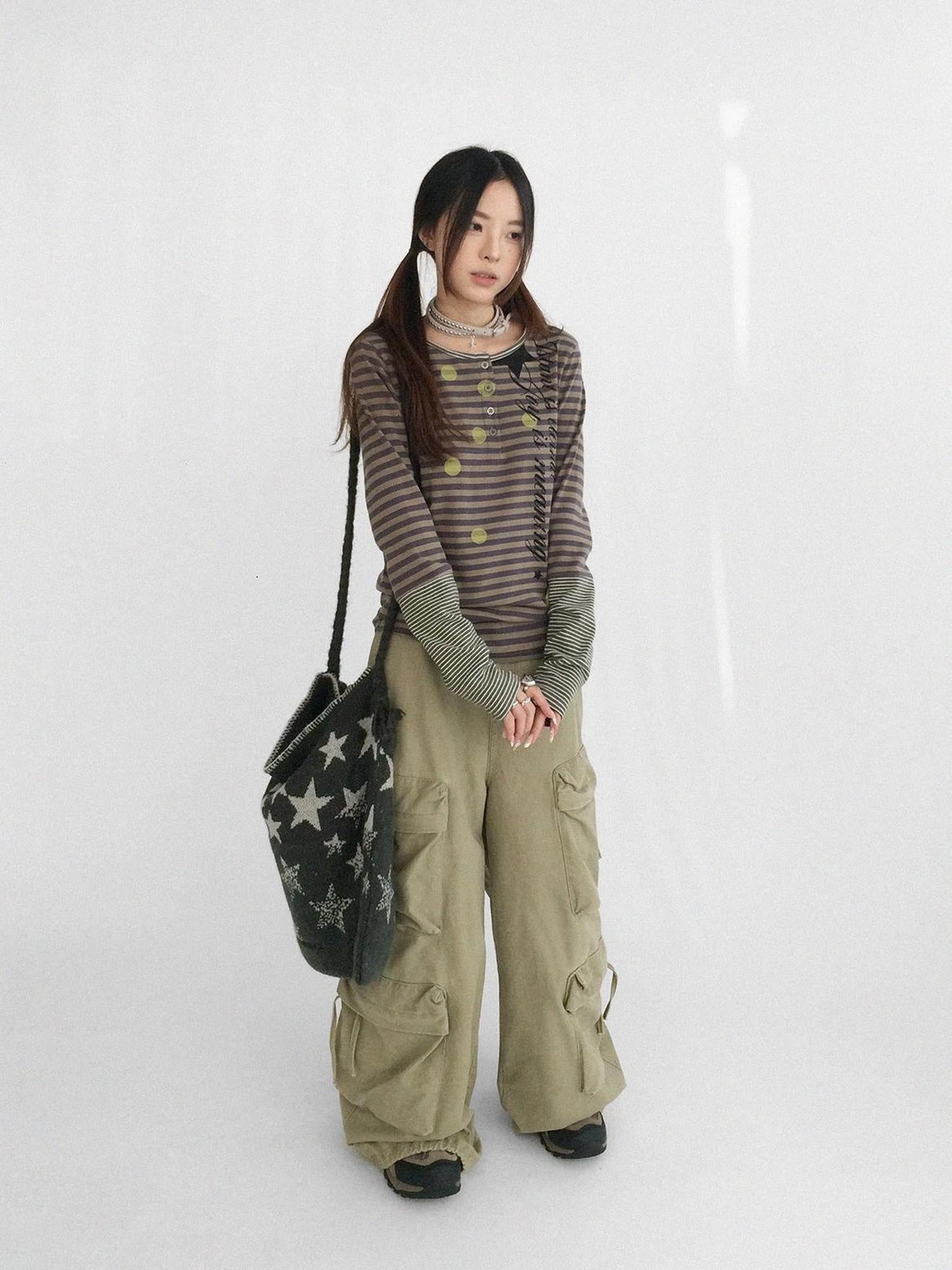 innomoood High Waist Vintage Washed Wide Leg Loose Cotton Pockets Zipper Women Pants