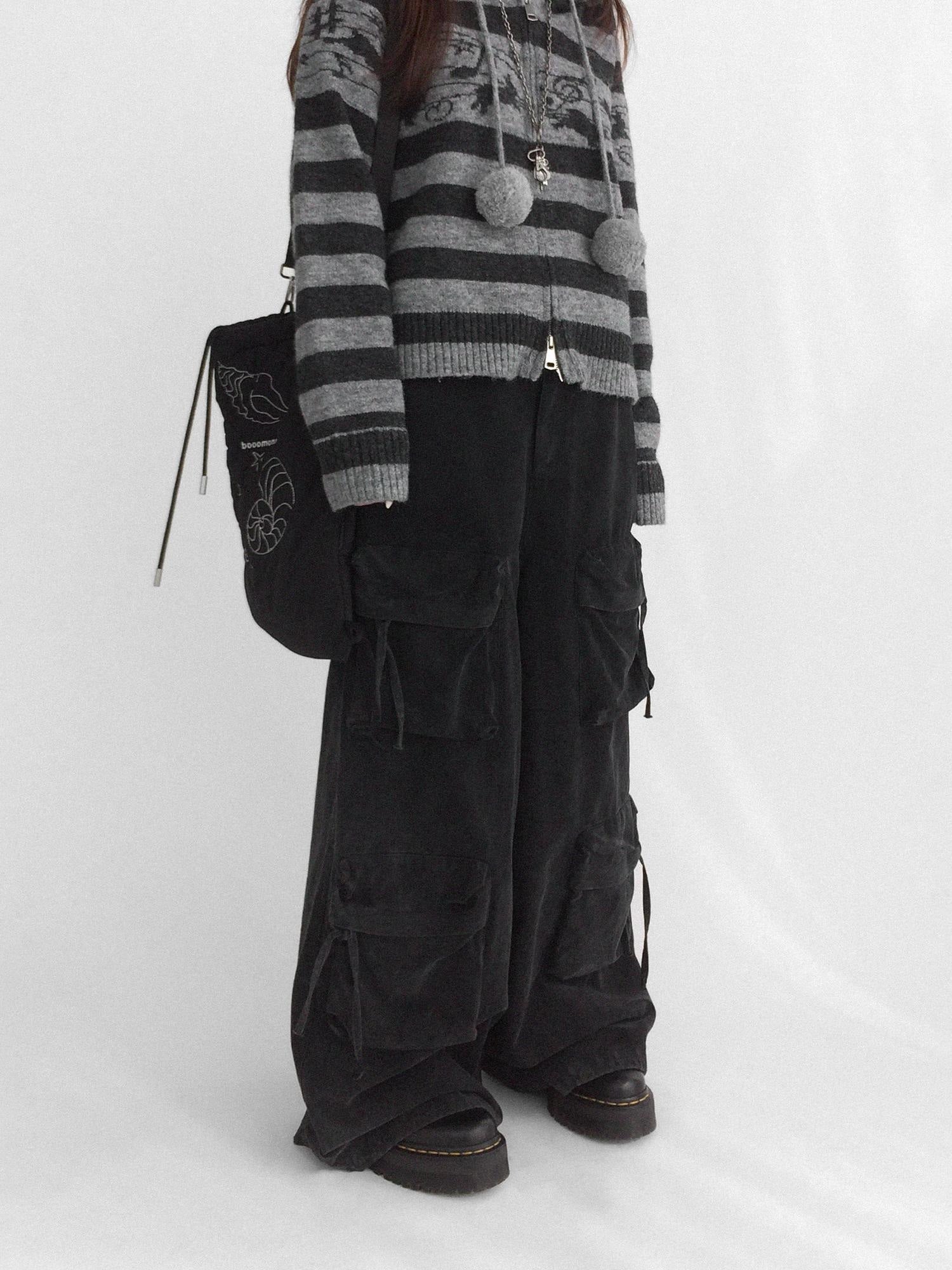 innomoood High Waist Vintage Washed Wide Leg Loose Cotton Pockets Zipper Women Pants