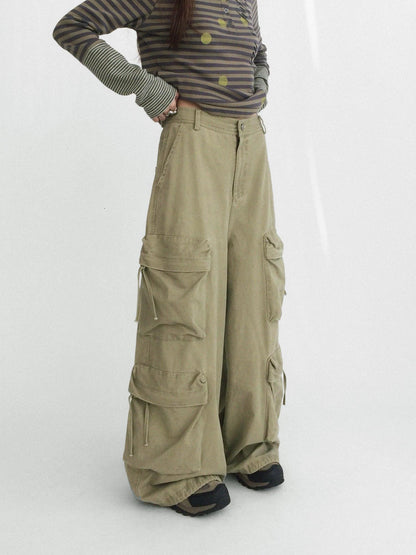 innomoood High Waist Vintage Washed Wide Leg Loose Cotton Pockets Zipper Women Pants