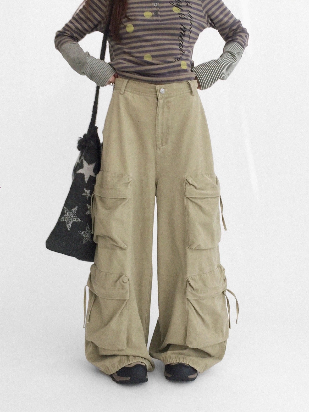 innomoood High Waist Vintage Washed Wide Leg Loose Cotton Pockets Zipper Women Pants