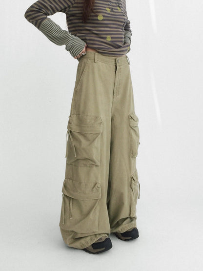 innomoood High Waist Vintage Washed Wide Leg Loose Cotton Pockets Zipper Women Pants