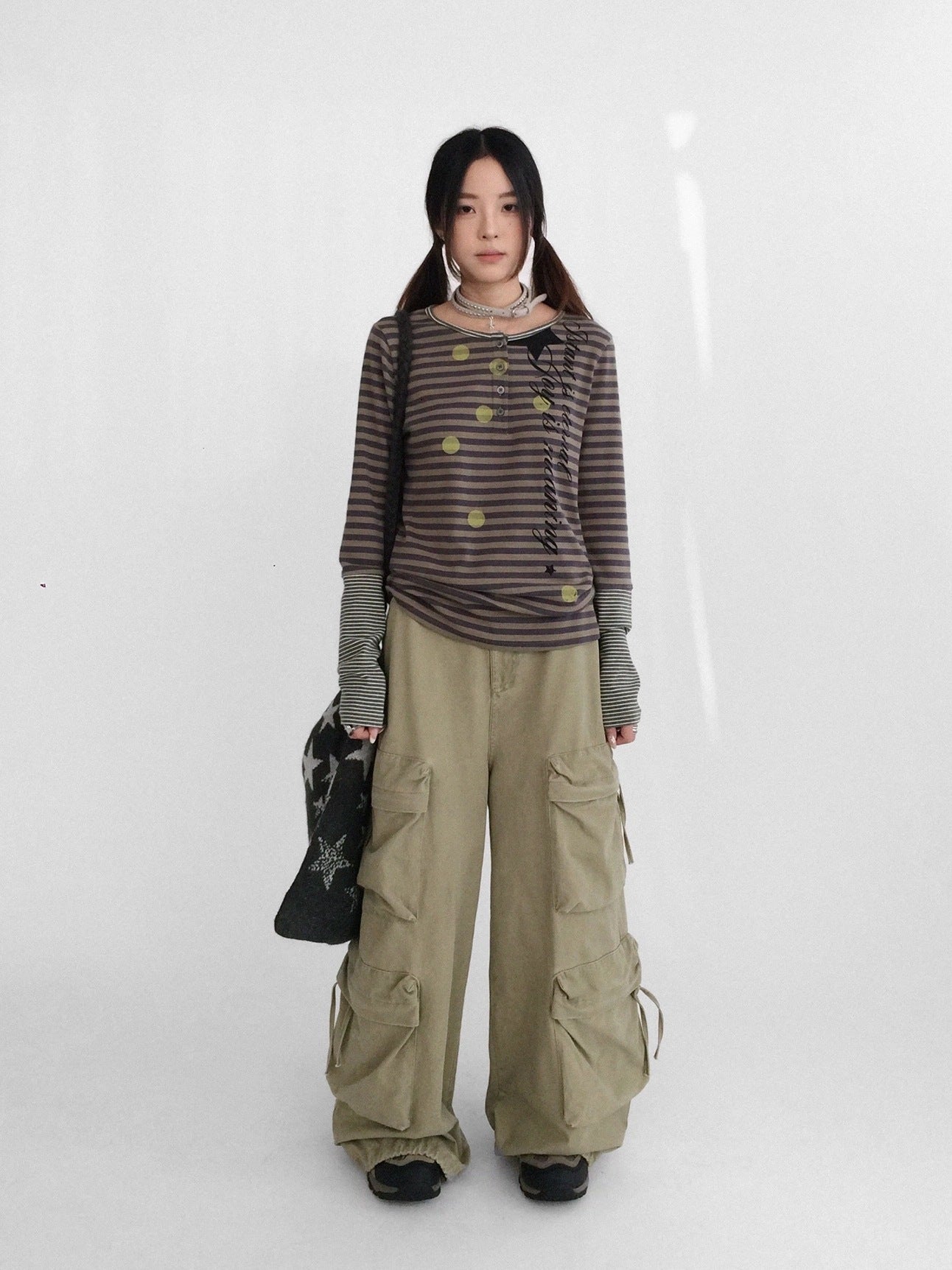 innomoood High Waist Vintage Washed Wide Leg Loose Cotton Pockets Zipper Women Pants