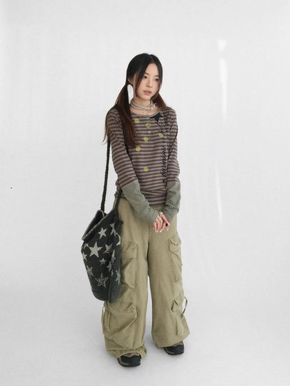 innomoood High Waist Vintage Washed Wide Leg Loose Cotton Pockets Zipper Women Pants