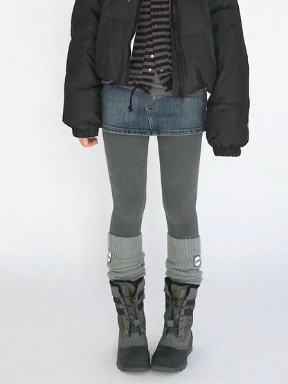 High Waisted Fleece Lined Tights Stretch Gray Seamless Winter Warm