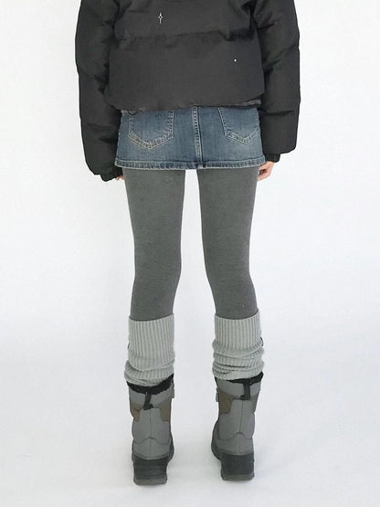 High Waisted Fleece Lined Tights Stretch Gray Seamless Winter Warm