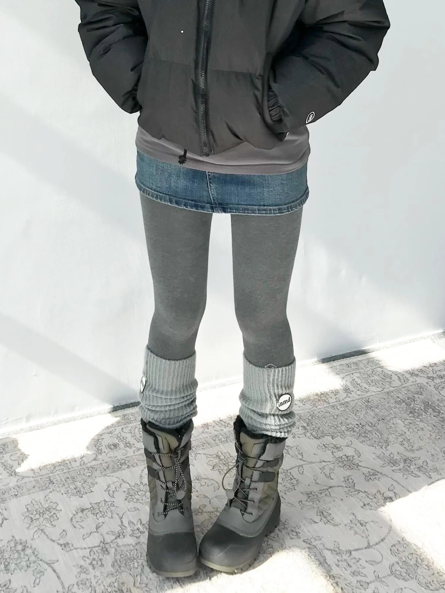 High Waisted Fleece Lined Tights Stretch Gray Seamless Winter Warm