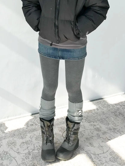 High Waisted Fleece Lined Tights Stretch Gray Seamless Winter Warm