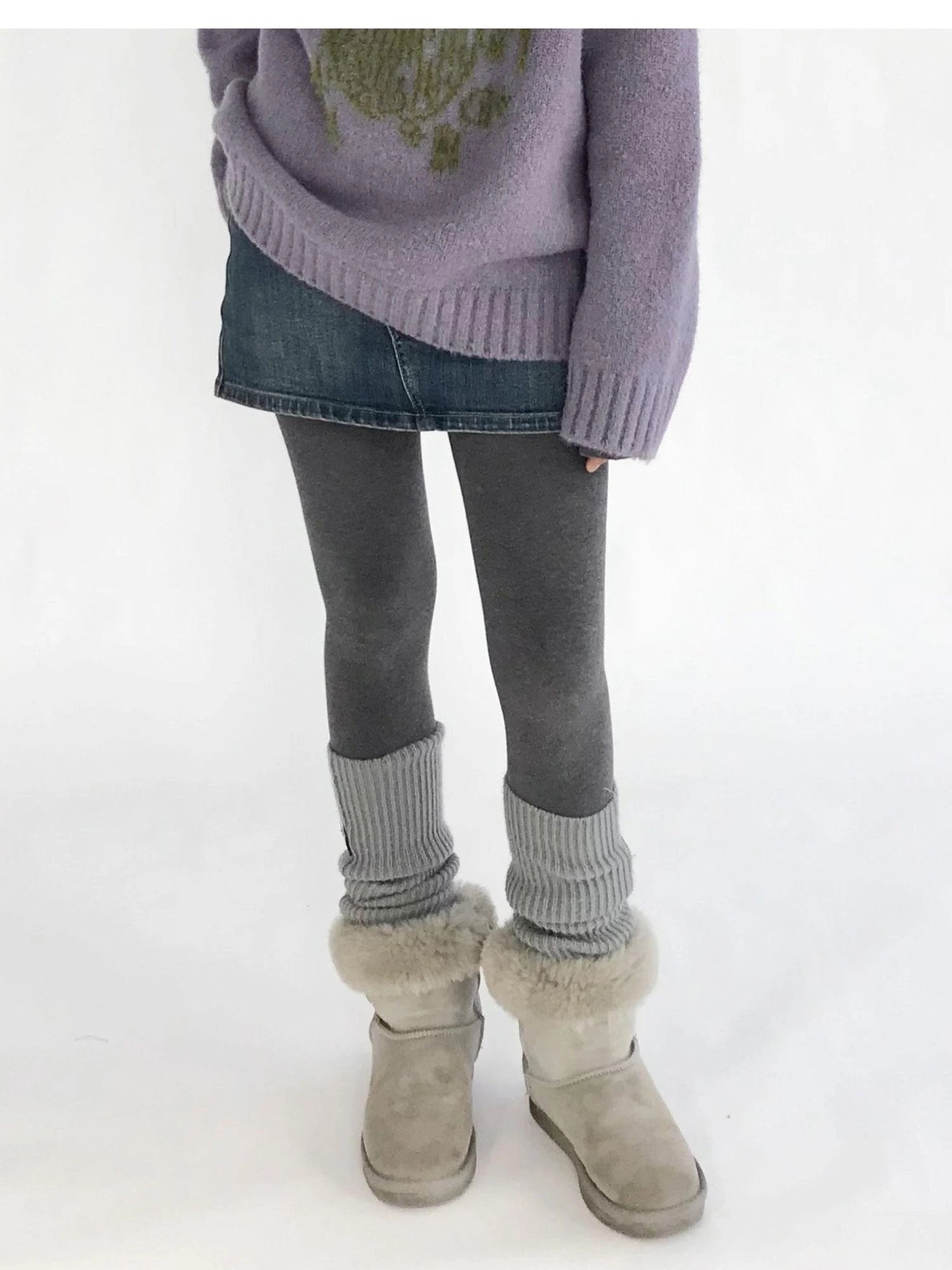 High Waisted Fleece Lined Tights Stretch Gray Seamless Winter Warm