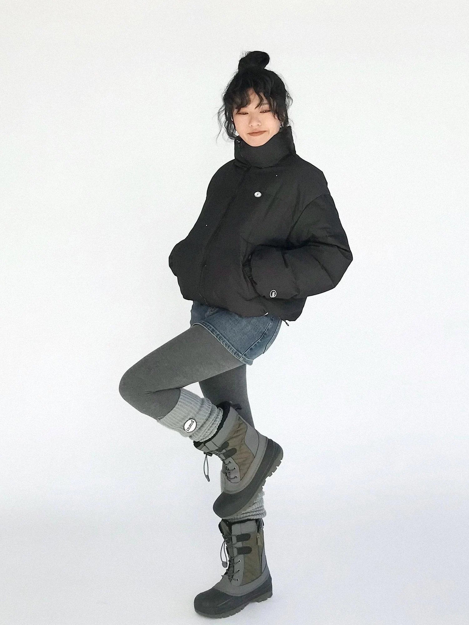 High Waisted Fleece Lined Tights Stretch Gray Seamless Winter Warm