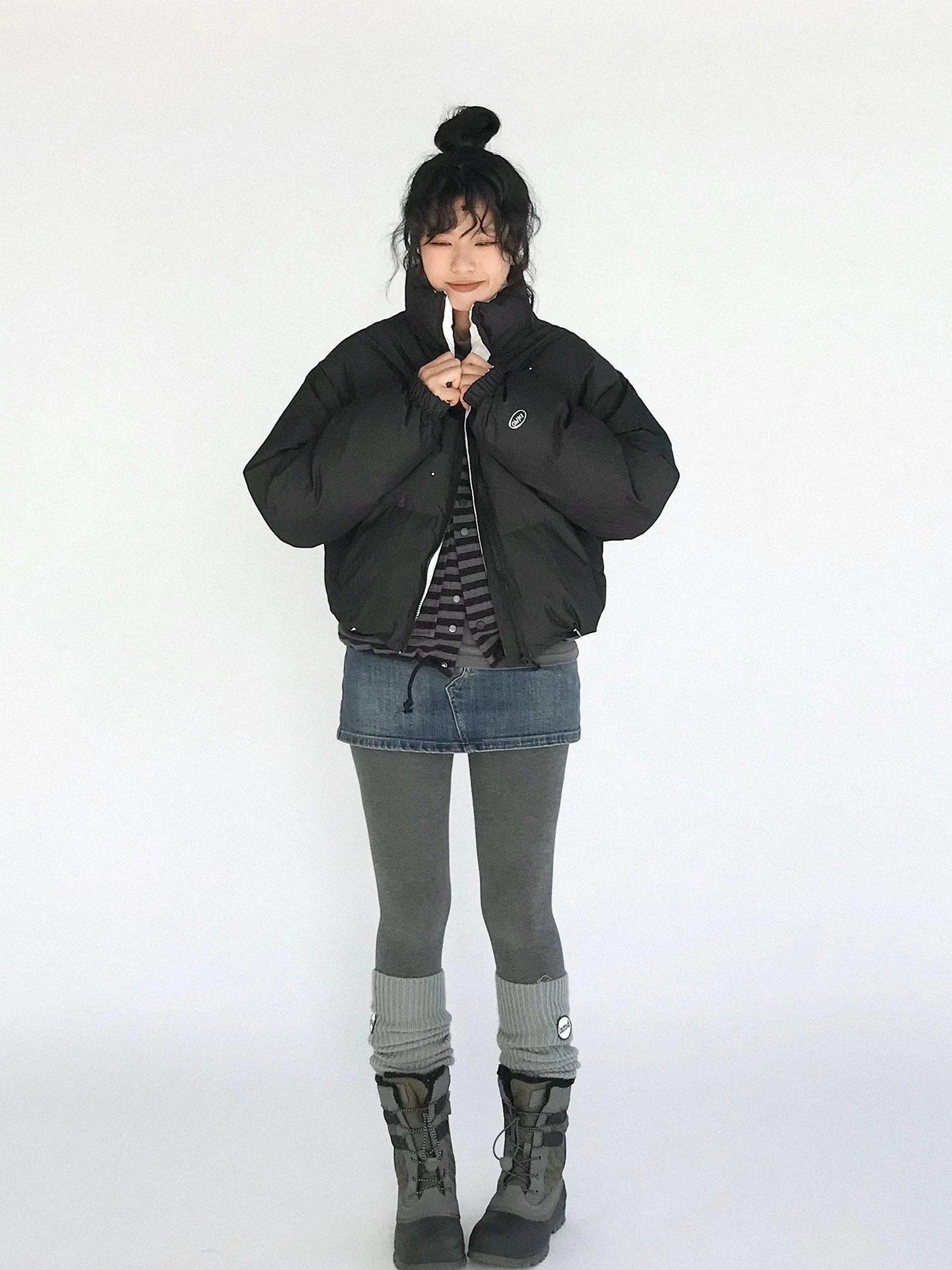 High Waisted Fleece Lined Tights Stretch Gray Seamless Winter Warm