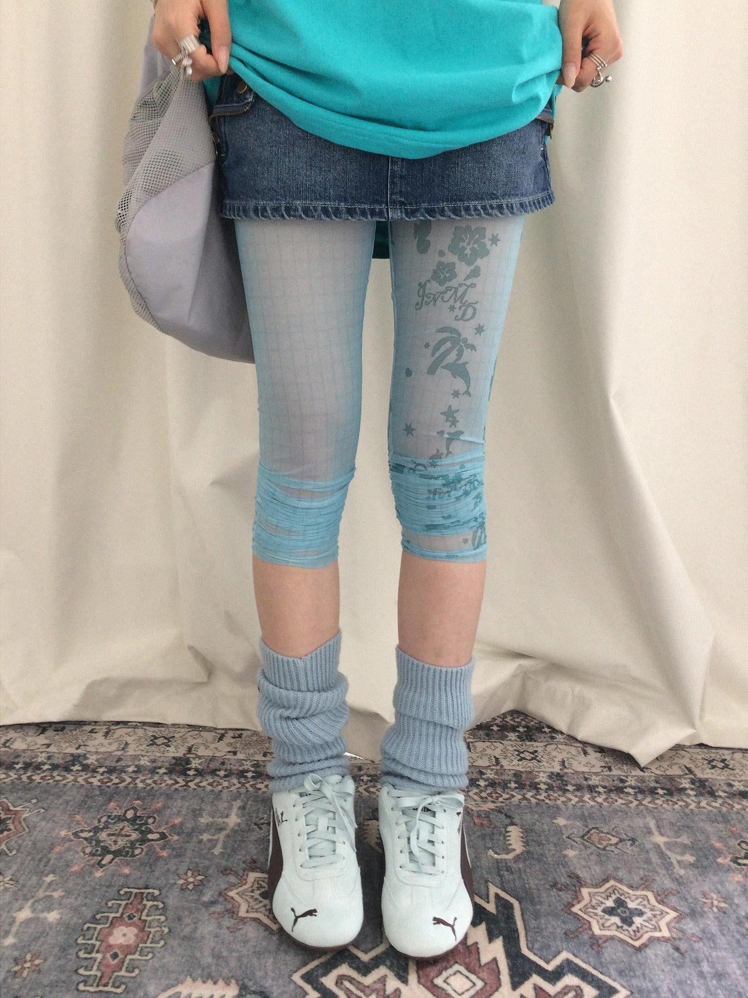innomoood Island Green Dolphin Hibiscus Plaid Mesh Print Stretch Women&