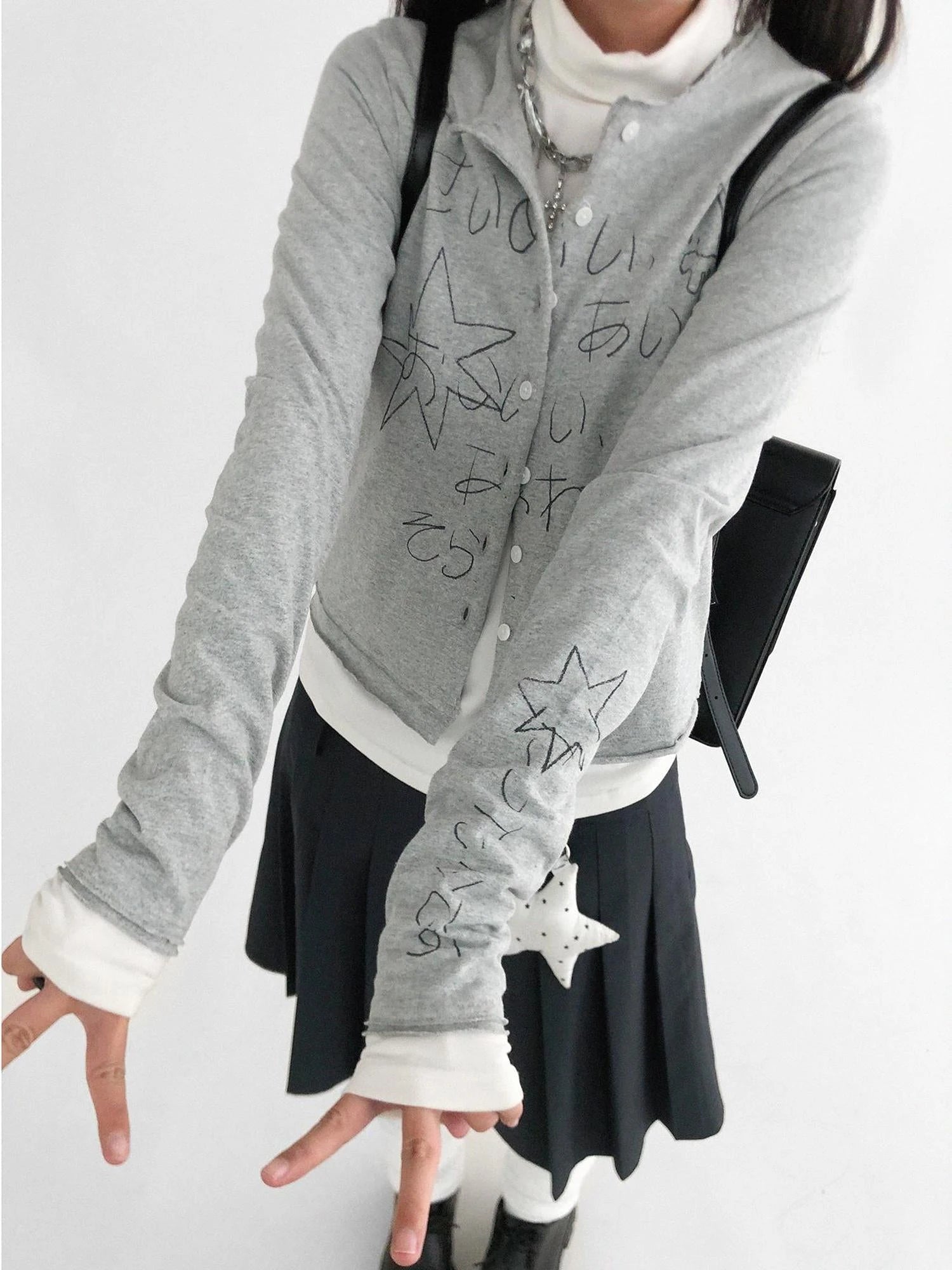 Japanese Manga Sketch Feel Open Front T-shirt Long Sleeve Short Coat Thin Inner Layer