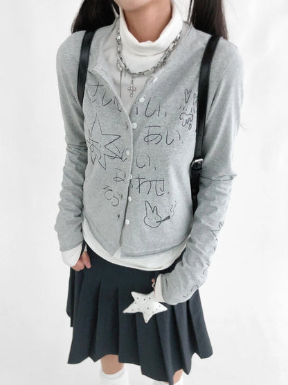 Japanese Manga Sketch Feel Open Front T-shirt Long Sleeve Short Coat Thin Inner Layer