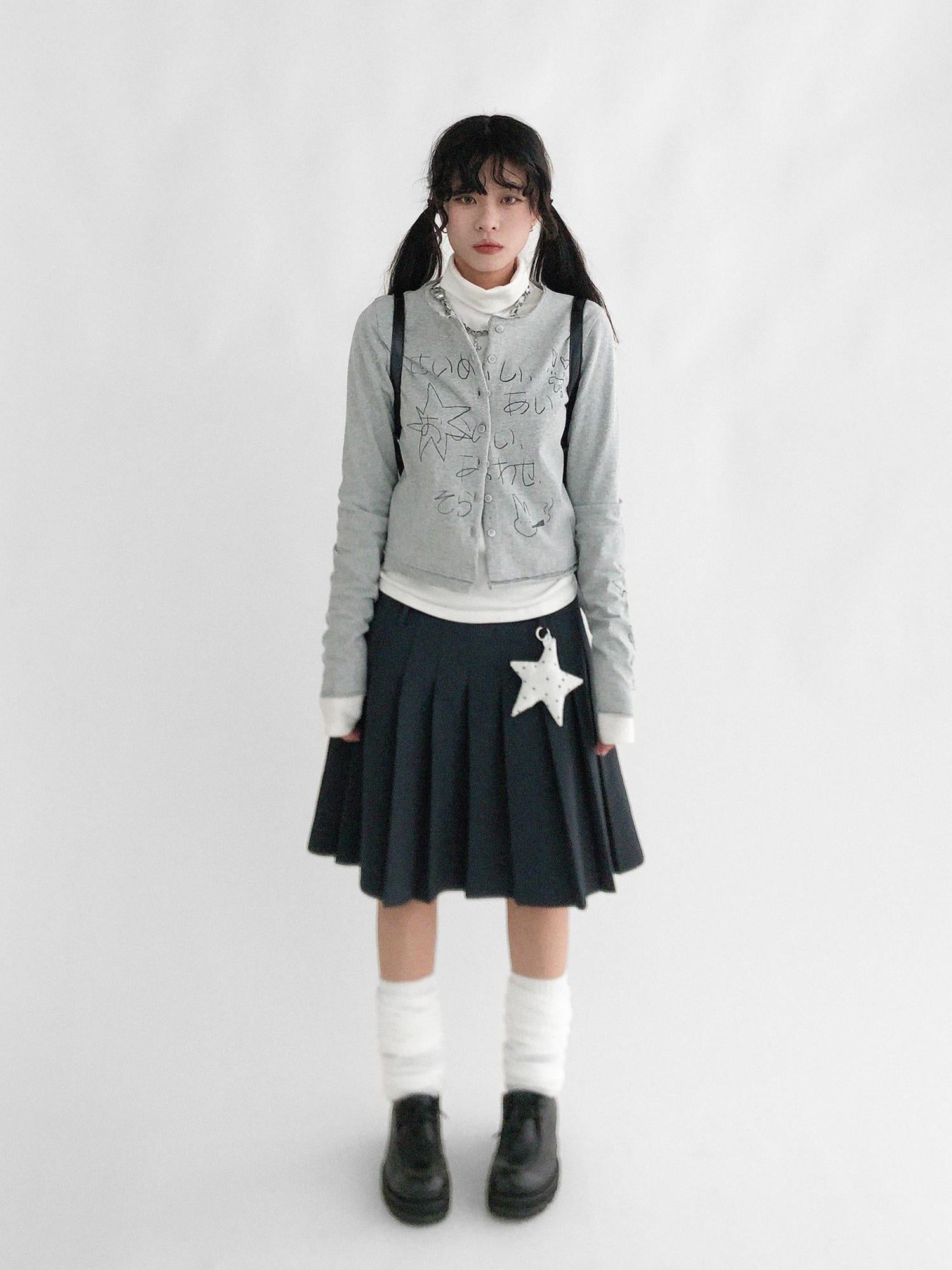 innomoood Japanese Manga Sketch Feel Open Front T-shirt Long Sleeve Short Coat Thin Inner Layer